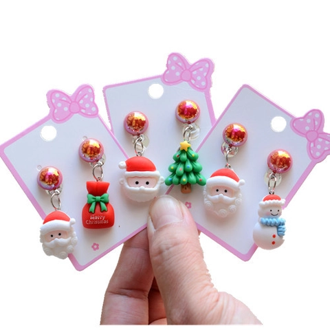 Christmas Clip On Earrings For Kids Girls Resin Plastic Cartoon Santa Snowman Xmas Tree No Pierced Ear Jewelry Cute