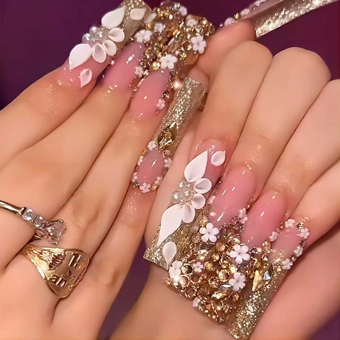 Französische Künstliche Nägel Goldglitzer 3D-Blume Strasssteine Langer Sarg Rosa Verlauf Nagelspitzen Für Frauen