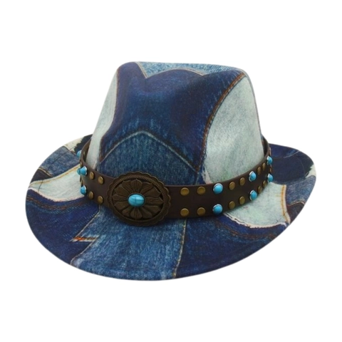 Kids Fedora Jazz Hat Western Cowboy Denim Patchwork With Leather Band Turquoise Beads Floral Concho Buckle For Children