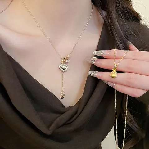 Collana Con Ciondolo A Forma Di Sacchetto Della Fortuna E Cuore Rame Zircone Intarsiato Stile Cinese Retrò Catena