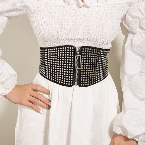 Cintura a Corsetto Larga da Donna Retro in Similpelle Fascia Elastica Decorazione con Rivetti Argento con Cerniera Cintura Moda