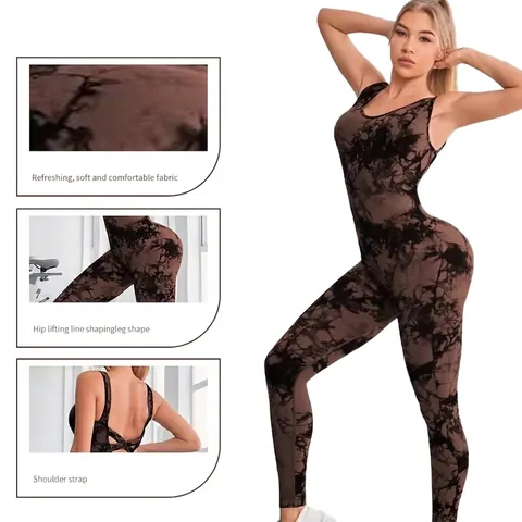 Nahtloser Yoga Jumpsuit Nylon Spandex Tie Dye Marmor Rückenfrei Crisscross Hochelastischer Workout Bodysuit Für Damen