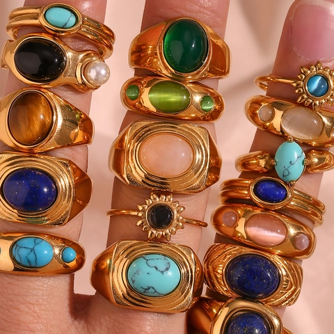Vintage 18K Gold Plated Stainless Steel Ring For Women Heart Flower Enamel Natural Stone Zirconia Fashion Jewelry Finger Ring
