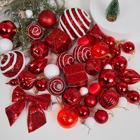 Ornamenti Per Palle Di Natale Rosso Bianco Plastica Dipinta Ciondoli Appesi Per Albero Decorazione Per Feste Forme Fiocchi