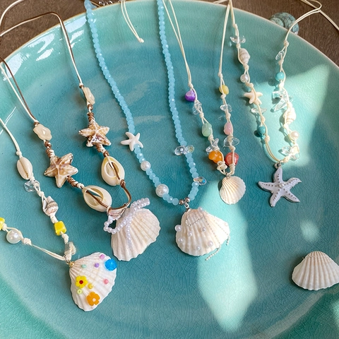 Collar Con Colgante De Estrella De Mar Y Concha Con Imitación De Perla Artificial Y Cuerda Trenzada Para Vacaciones Playa Estilo Boho