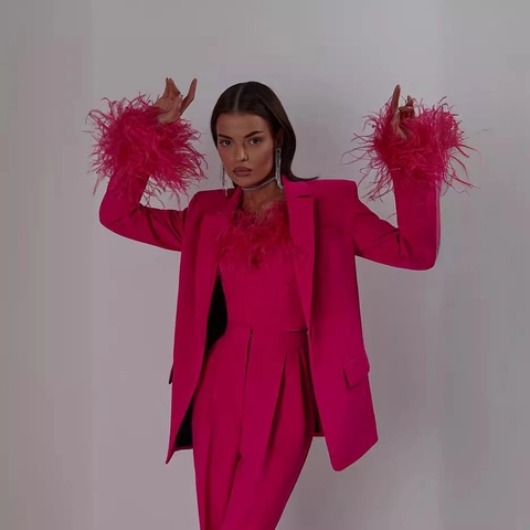 Blazer Y Pantalones Elegantes Con Ribete De Plumas De Avestruz Poliéster Color Sólido Para Mujer