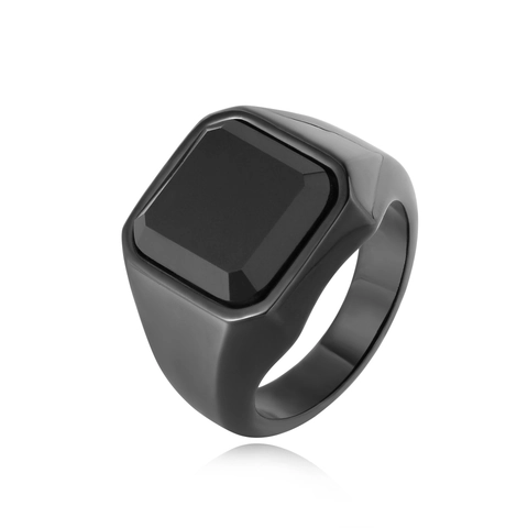 Retro Titanium Steel Signet Ring For Men Square Emerald Cut Red Black Green Rhinestone Geometric Stainless Steel Jewelry Finger Ring Gift