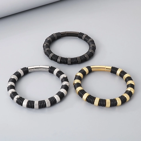 Men Bracelet Stainless Steel And Microfiber Leather Knurled Spacer Beads Industrial Punk Style Trendy Jewelry