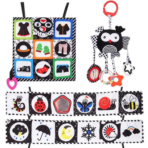 Baby Cloth Book Crib Bumper Toy Black White High Contrast Visual Stimulation Sensory Development Owl Rattle Teether Mirror