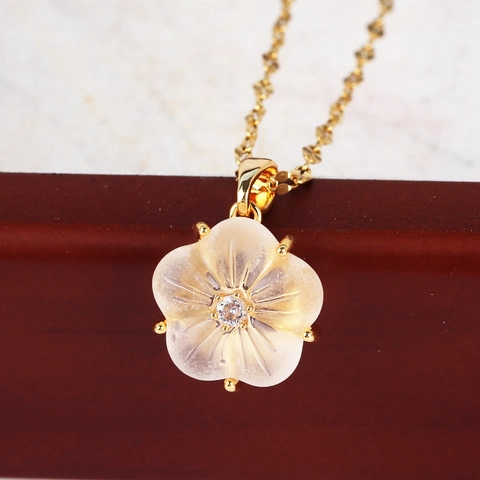 Bloemen Hanger Ketting Roestvrij Staal Mat Witte Bloesem Bloemblad Zirkoon Inleg Elegante Romantische Sieraden Voor Dames