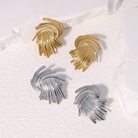 Vintage Abstract Fan Stud Earrings Stainless Steel Irregular Geometric Woven Design High End Fashion Jewelry For Women