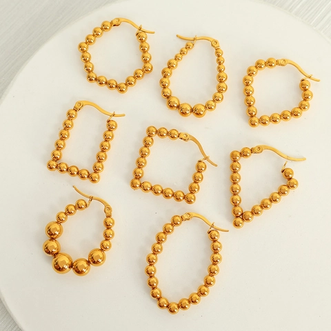 Stainless Steel Geometric Bead Hoop Earrings For Women Gold Plated Vintage Ins Style Dangle Earrings Jewelry Gift