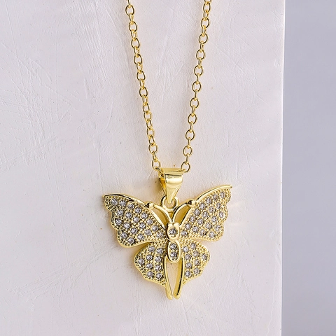 Collier Pendentif Papillon Libellule Cuivre Plaqué Or 18K Zircone Micro Pavé Bijoux Fins Élégants Pour Femmes