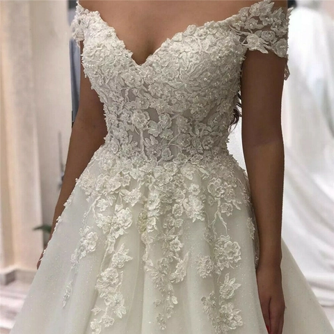 Off The Shoulder Wedding Dress Lace Embroidery Mesh Long Train Elegant Bridal Gowns White High Waist For Women