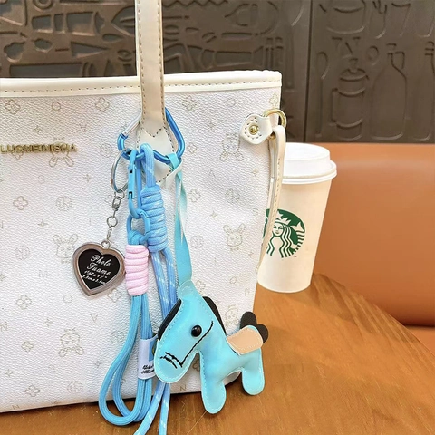 Cute Leather Horse Keychain Bag Charm Braided Rope Car Key Ring Heart Photo Frame Pendant Handbag Accessories