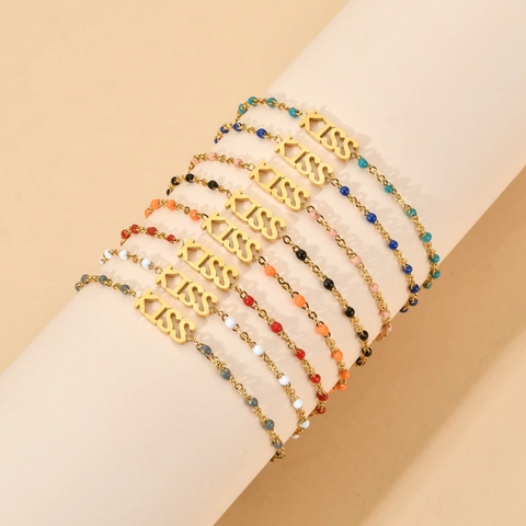 Fashion Stainless Steel KISS Letter Charm Bracelet With Colorful Enamel Beads For Women Gold Personalized Hand Jewelry