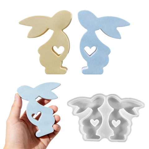 Siliconen Mal Konijnenpaar Hart Uitsparing DIY Hars Gieten Kaars Zeep Gips Pasen Ornament Flexibel Decoratie Handwerk