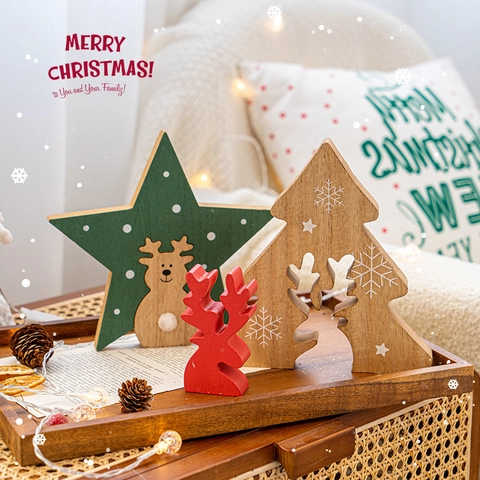 Christmas Desktop Ornaments Wooden LED Light House Star Reindeer Snowman Festive Home Decor Handicraft Gift