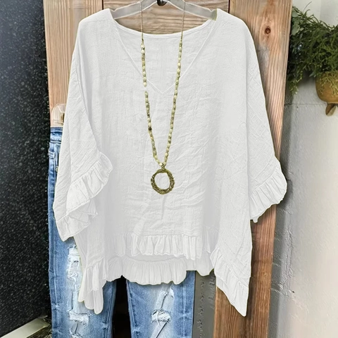 Maglietta Da Donna Scollo A V Orlo Con Volant Maniche A Campana Trama Increspata Tinta Unita Top Boho