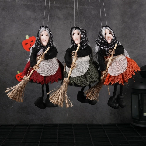 Halloween Witch Hanging Decoration Cloth Linen Broom Doll For Spooky Party Bar Home Wall Haunted House Ornament