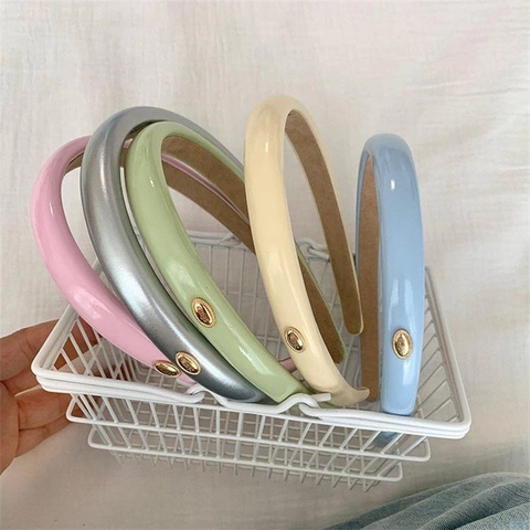PU Leather Headband Wide Solid Color Glossy Hair Band With Gold Metal Tag Korean Minimalist For Women