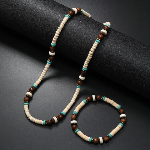 Collana E Bracciale Grani Legno Guscio Cocco Bohémien Gioielli Tribal Surfer Retro Fatti A Mano Uomini Donne