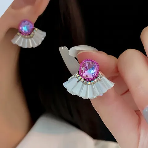 Purple Crystal Fan Shaped Stud Earrings With Silver Earring Post Alloy Rhinestone French Elegant Retro Luxury For Women