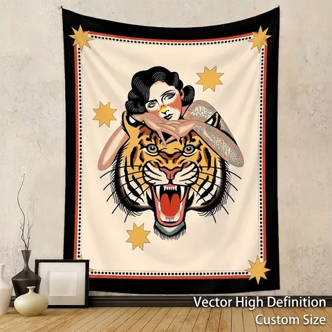 Mystical Tarot Tapestry Wall Hanging Polyester Vintage Tattoo Tiger Mermaid Sun Moon Boho Aesthetic Bedroom Home Decor