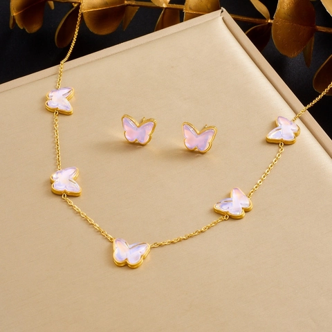Collier Bracelet Boucles D'oreilles Papillon Acier Inoxydable Plaqué Or Rose Irisé Insecte Bijoux Pour Femmes Style Doux