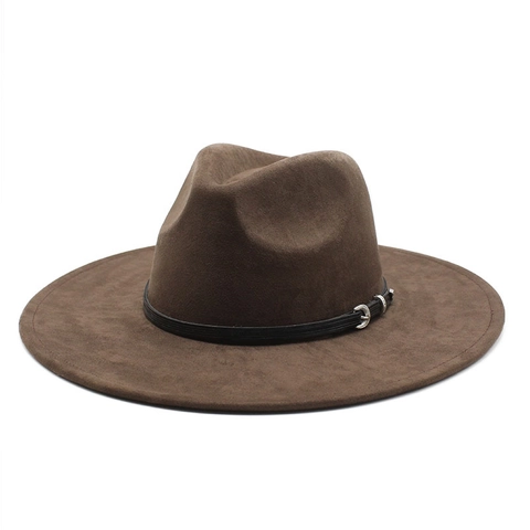 Wide Brim Fedora Hat Suede Polyester Felt With Leather Band Metal Buckle Retro Jazz Cowboy Style Unisex Cap