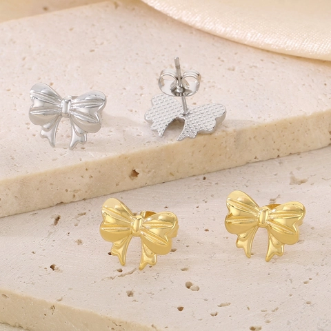 Pendientes De Botón De Acero Inoxidable Con Lazo Texturizado Minimalista Dulce Elegante Joyería Para Mujer