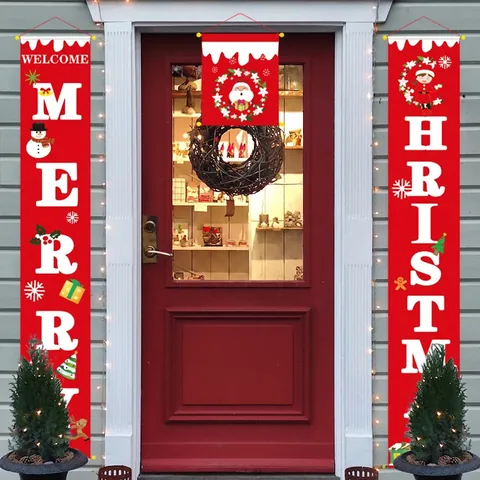 Christmas Door Banner Decorations Hanging Couplets Santa Snowman Holiday Party Wall Decor For Home Front Porch