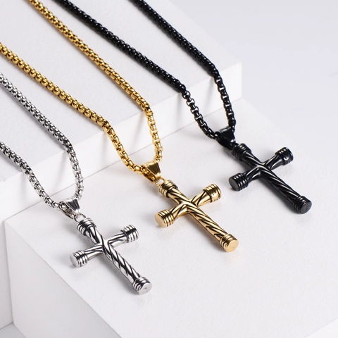 Cross Pendant Necklace 304 Stainless Steel Spiral Textured Striped Retro Hip Hop Jewelry For Men