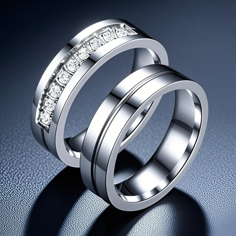 Edelstahl Partnerringe Damen Herren Zirkonia Inlaid Pinky Swear Gravur Band Schmuck Nie Verblassen