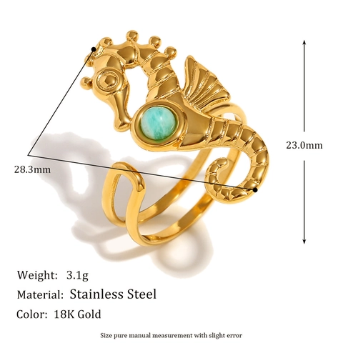 Anello Aperto Regolabile Cavalluccio Marino Acciaio Inossidabile Placcato Oro 18K Gioielli Di Moda Con Pietre Preziose