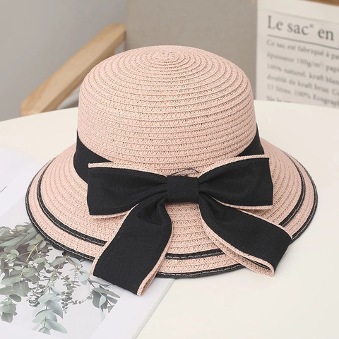 Women Straw Bow Sun Hat Elegant Wide Brim Summer Beach Vacation Breathable Sunshade Woven Ribbon Decorated Straw Hat