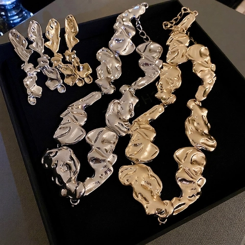 Collier Et Boucles D'Oreilles En Lave Fondue Irrégulière Bijoux Alliage Style Métal Liquide Avec Tige En Argent Pour Femmes