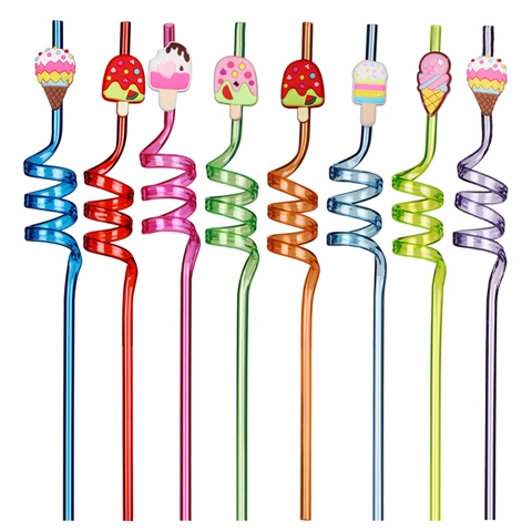 Spiral Plastic Drinking Straws With Cartoon Ice Cream Silicone Attachments For Kids Party Colorful Reusable