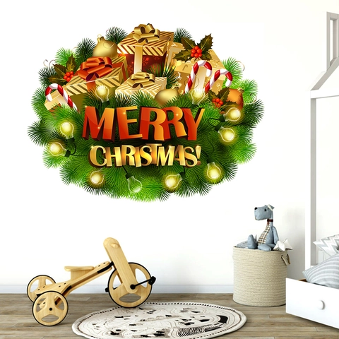 Kerstkrans Muursticker PVC Waterdicht Merry Christmas Belettering Cadeauverpakking Zuurstok Sticker Voor Woonkamer Slaapkamer Winkel Decoratie
