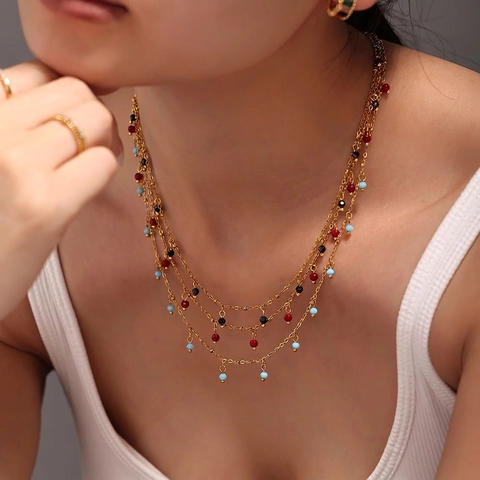Collana Minimalista in Acciaio Inossidabile con Perle in Pietra Naturale per Donna Catena Sottile Placcata Oro Gioielli