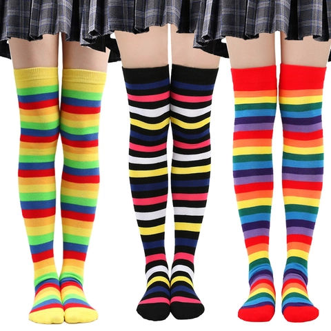 Regenbogen Gestreifte Überknie Strümpfe Oberschenkelhoch Bunt Lang Cosplay Party Baumwollmischung Atmungsaktiv