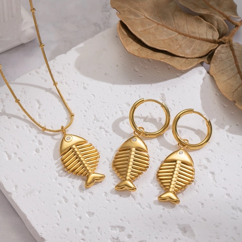 Collar Y Pendientes De Espina De Pescado Acero Inoxidable Chapado En Oro De 18K Impermeable Joyería Para Mujer