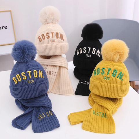 Kinder Winter Strickmütze Und Schal Bommelmütze Mit Buchstabenstickerei Warme Ohrenschutz Kopfbedeckung Für Jungen Mädchen
