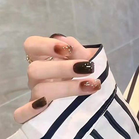 Artificial Press On Nails Short Squoval Amber Marble Gradient Brown Gold Foil Vintage Nail Tips For Women