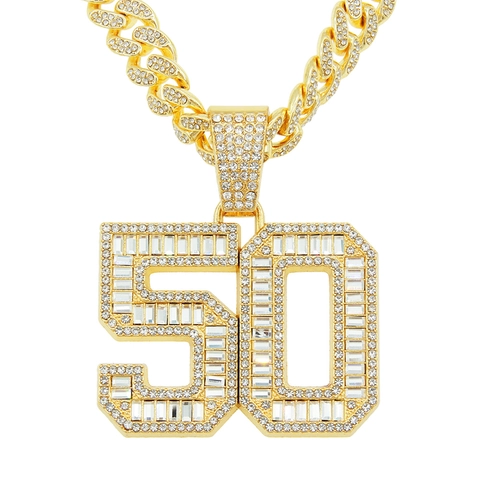Hip Hop Number 50 Pendant Necklace Iced Out Rhinestone Alloy Cuban Link Chain Street Wear Rappers Jewelry
