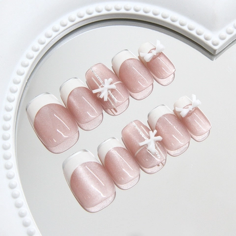 Handgefertigte Künstliche Fingernägel Rosa Katzenauge Französisch Spitze Mit 3D Bogen Dekoration ABS Kunststoff Elegant