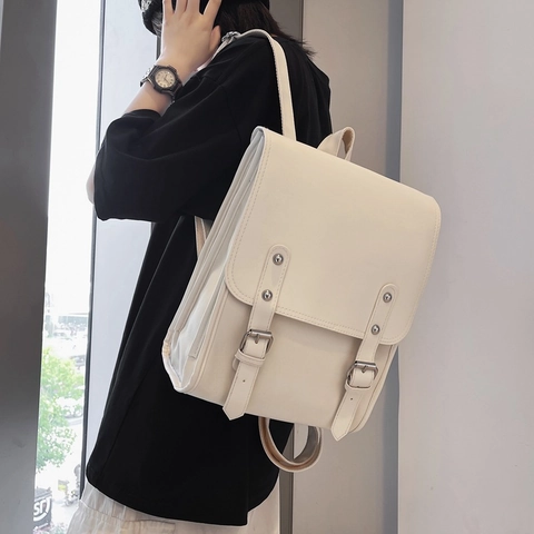 Vintage PU Leather Backpack With Flap Double Buckle Large Capacity School Bag Japanese Style For Women And Men