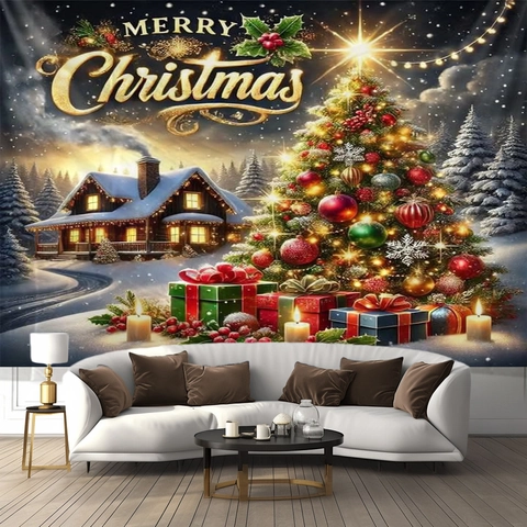 Tapiz De Navidad Colgante De Pared Poliéster Fondo Festivo Noche Estrellada Escena De Nieve Decoración De Invierno Fiesta De Vacaciones