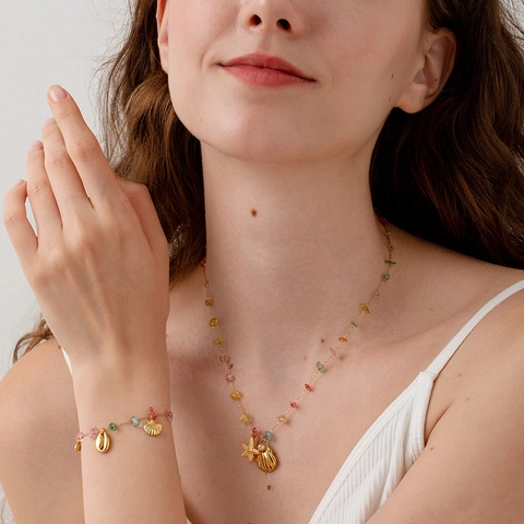 Bohemian Stainless Steel Starfish Shell Pendant Necklace Bracelet Set For Women Colorful Natural Stone Gold Plated Jewelry