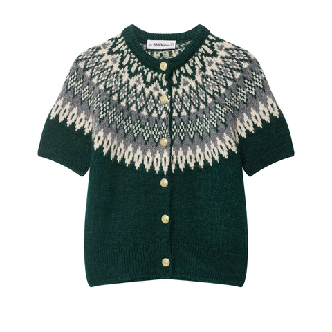 Cardigan Tricoté Femmes Manches Courtes Jacquard Fair Isle Col Rond Boutons Dorés Polyester Pull Vintage Vert Foncé